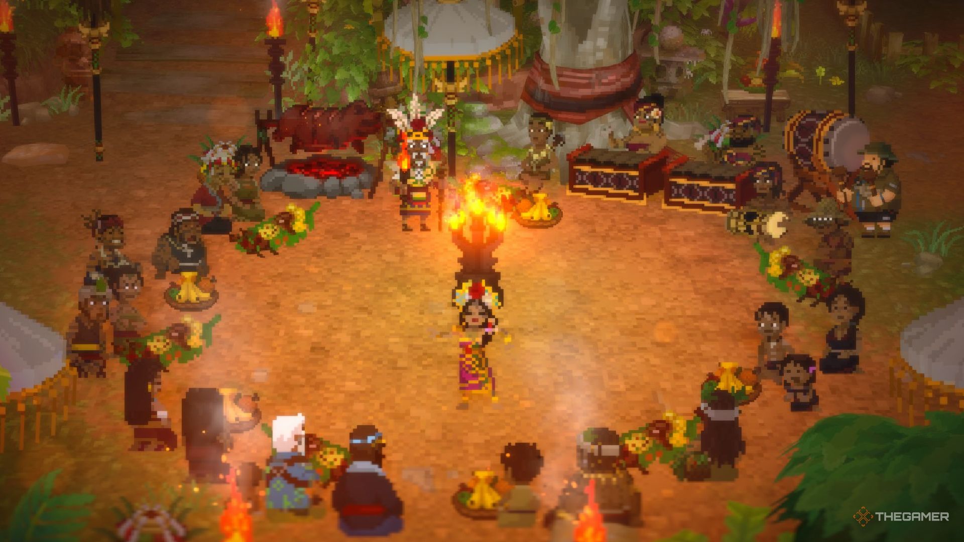 The villagers celebrating together in Dave the Diver In the Jungle.