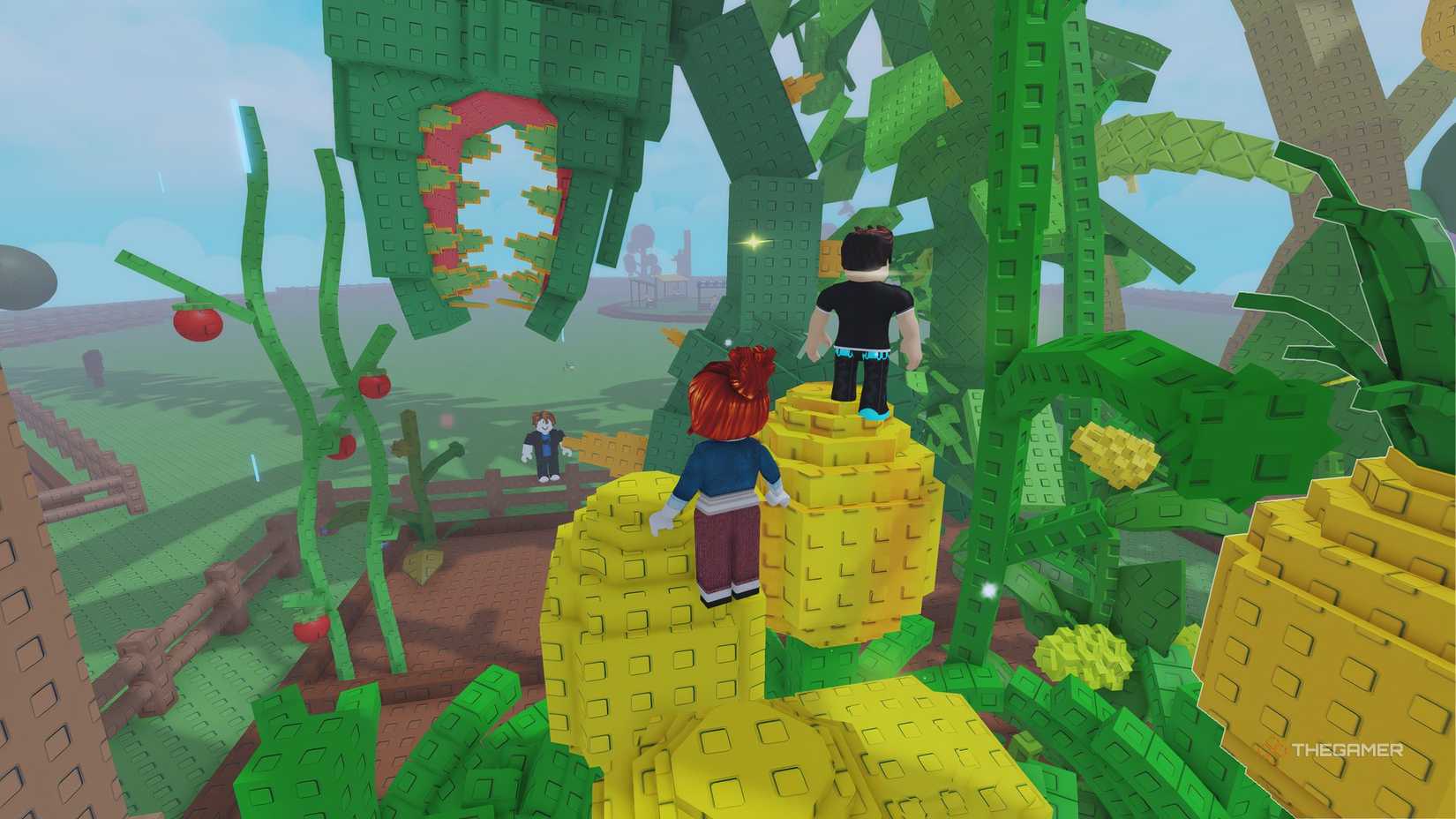 Three players among the crops in Grow a Garden 2 Roblox.
