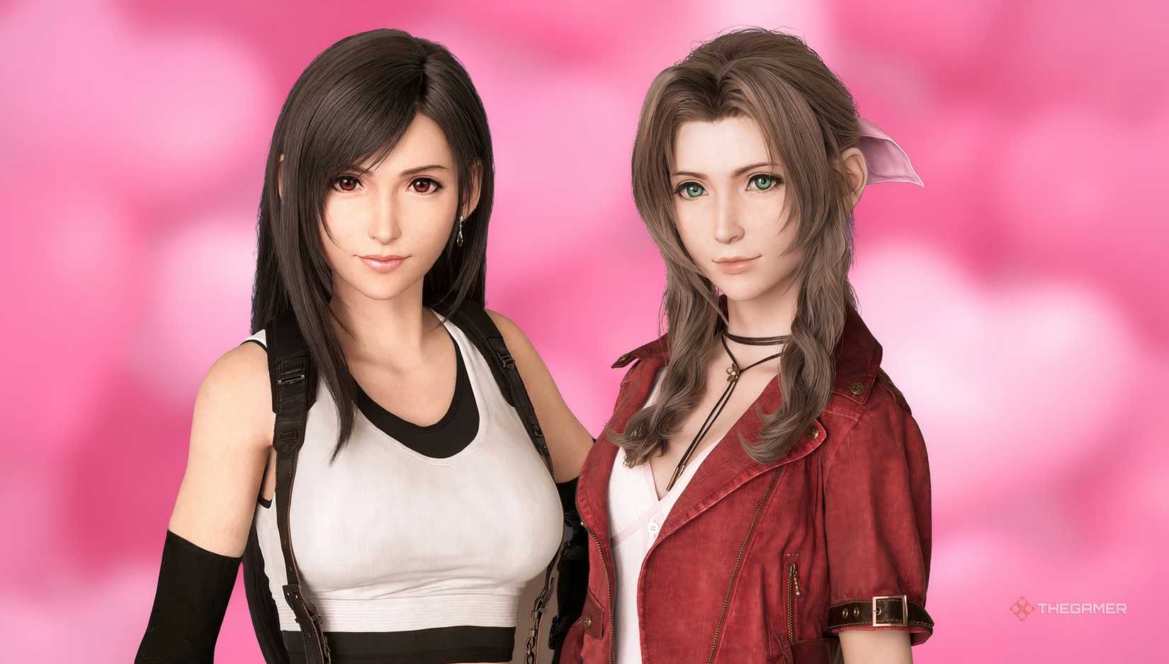 Tifa and Aerith from FF7 on a red background