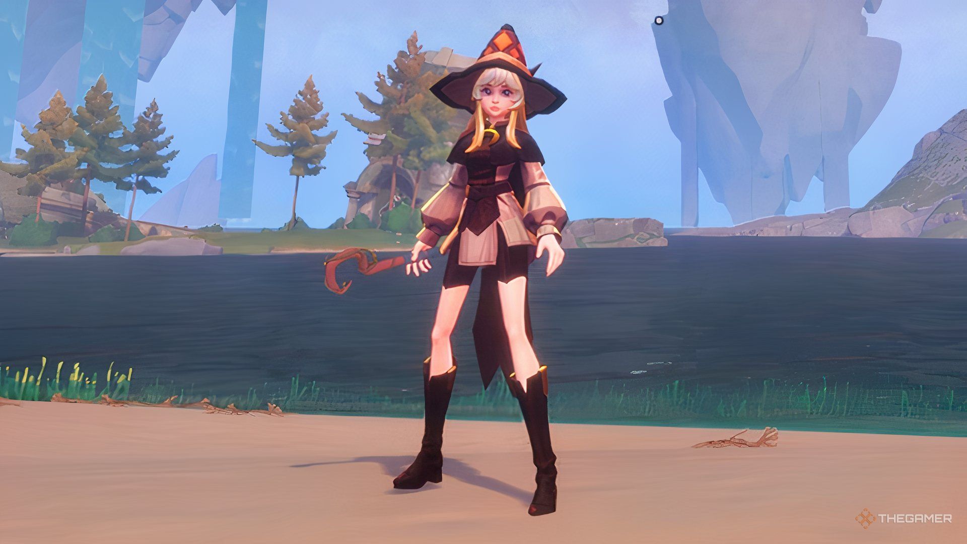 Witch Spire character with a beach background.-1