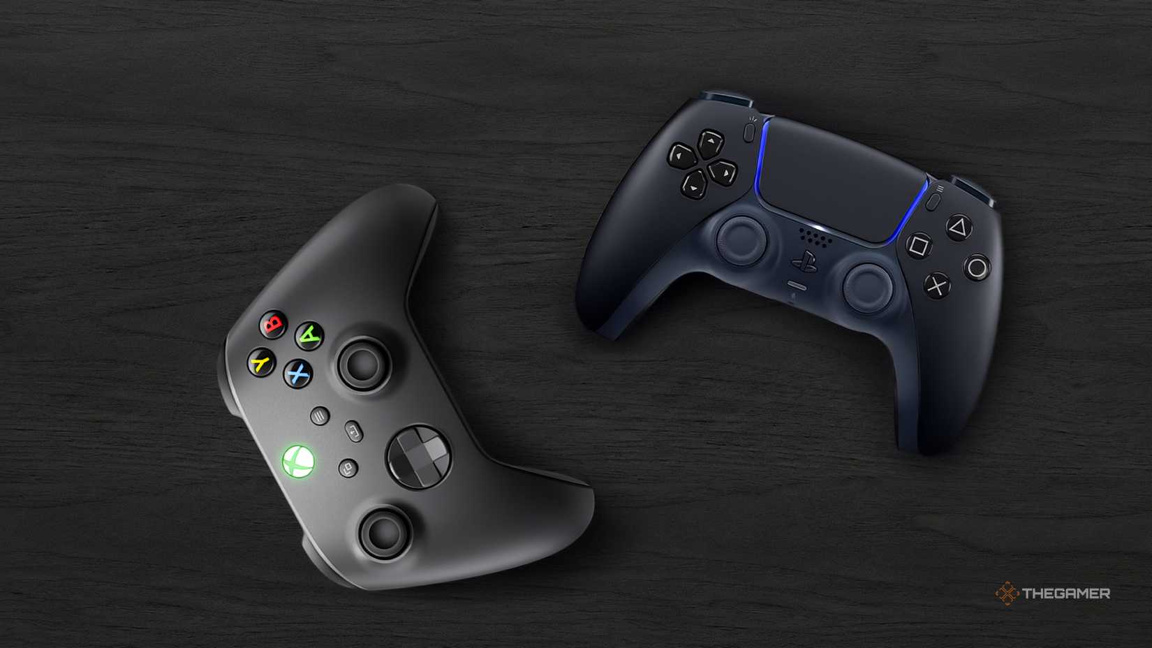 Xbox and PlayStation controller on a dark table.