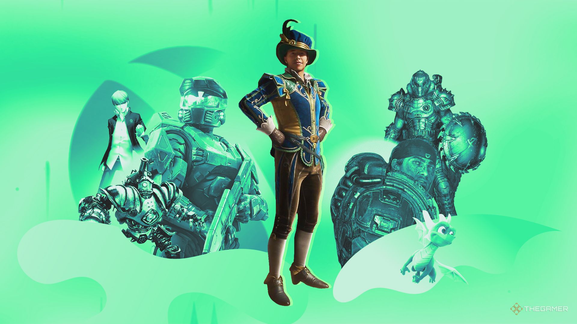 Xbox showcases collages of Persona, Clockwork Revolution, Halo, Spyro, Gears of War, Fable and Doom.