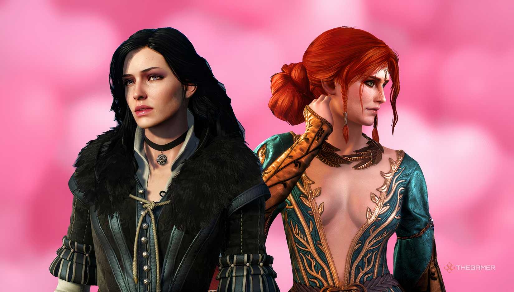 Yennefer and Triss from The Witcher 3 on a red background