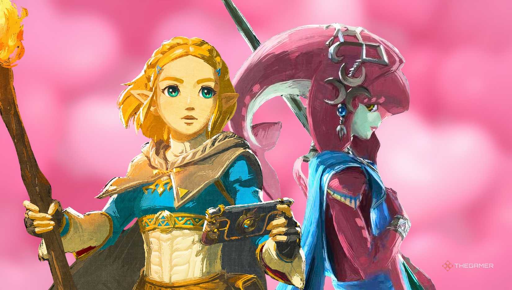 Zelda and Mipha from Zelda BOTW and TOTK on a red background