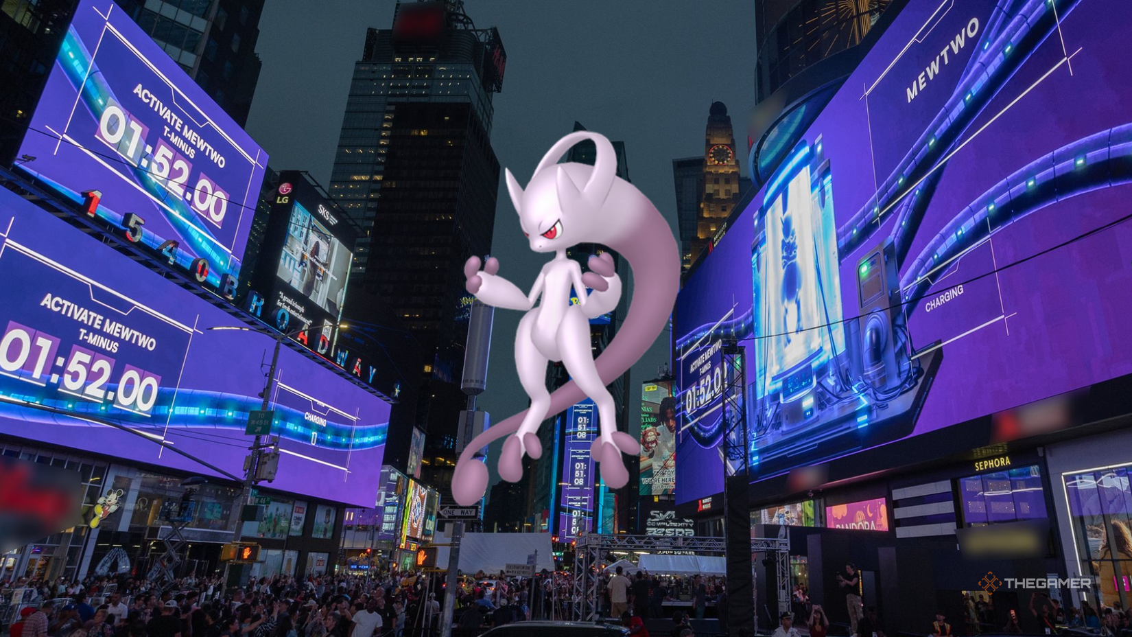mega mewtwo y hovering above a busy times square.