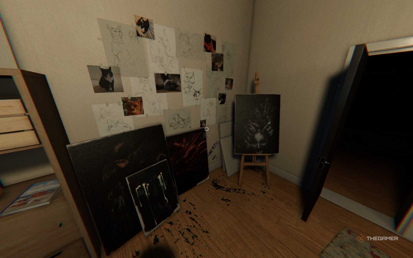 Paintings stacked on the wall of 13 Willow Place in Phasmophobia.