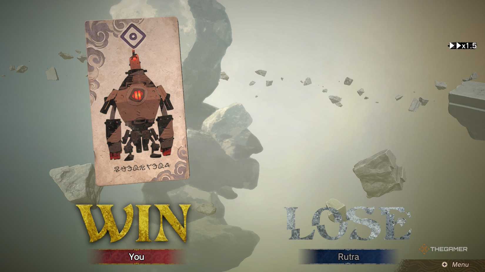 A battle results screen in Culdcept Begins showing a statue winning,