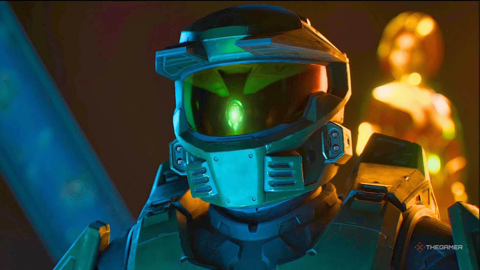 A closeup of Master Chief with Cortana in the background in Halo Campaign Evolved.