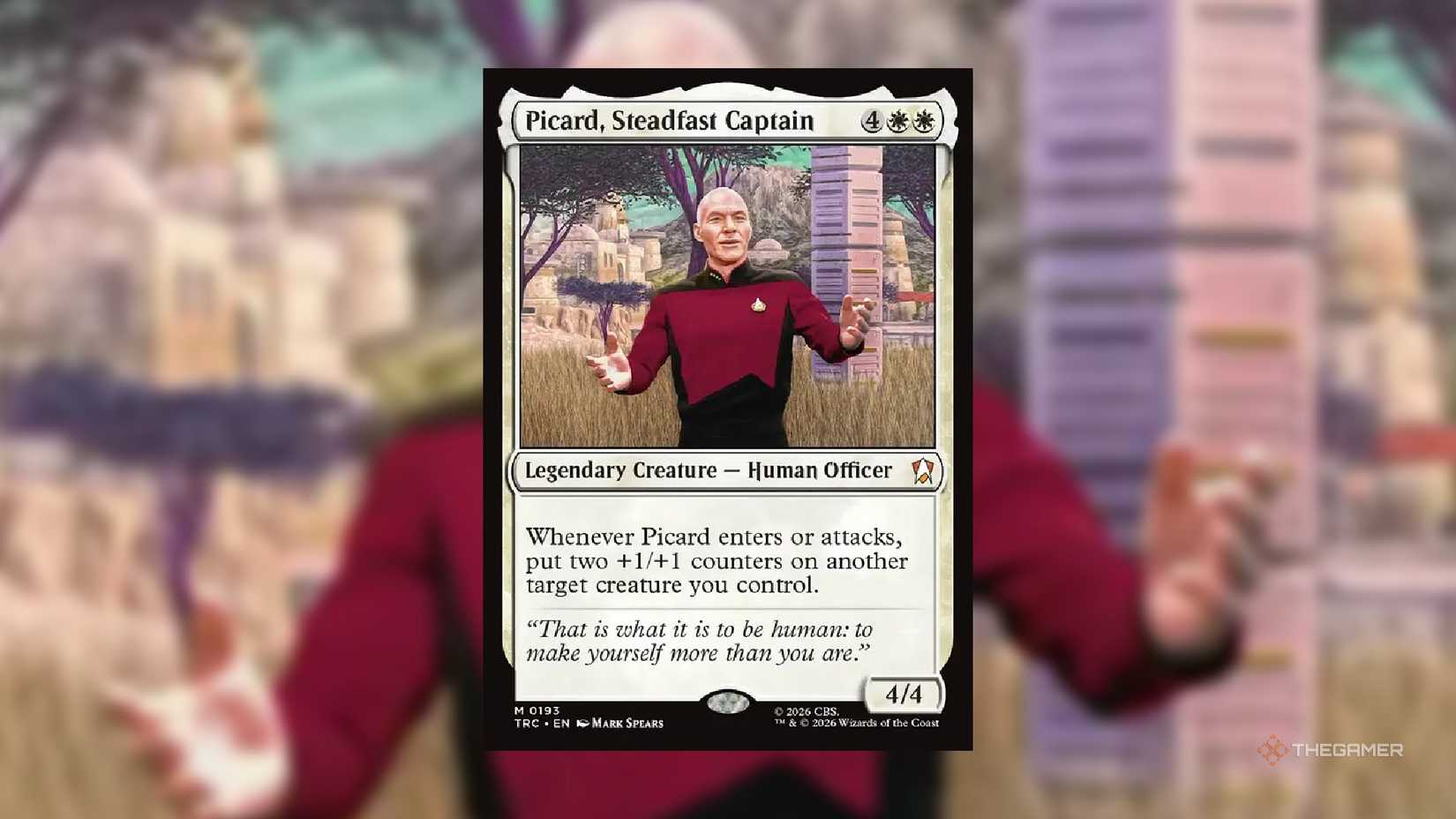 A replica of Picard, Steadfast Captain from the MTG Star Trek set.