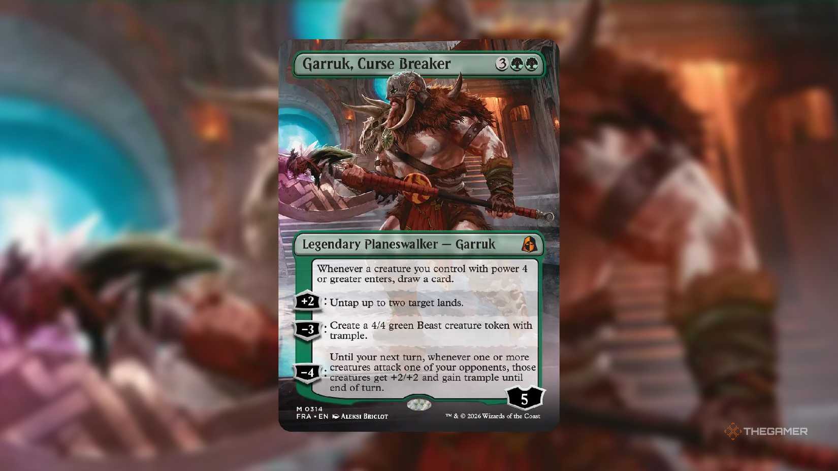 A copy of the borderless Garruk, Curse Breaker from the Reality Fracture MTG set.