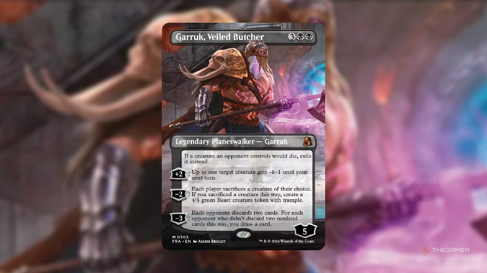 A copy of the borderless Garruk, Veiled Butcher MTG card from Reality Fracture.