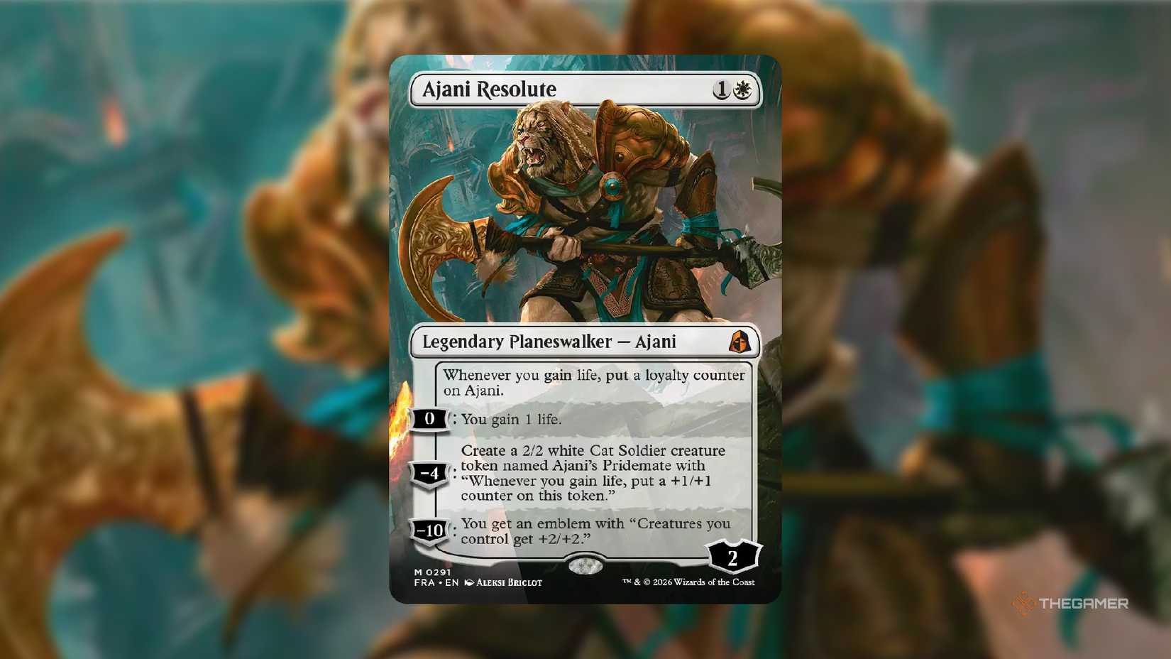 A copy of the borderless version of Ajani Resolute MTG card from Reality Fracture.