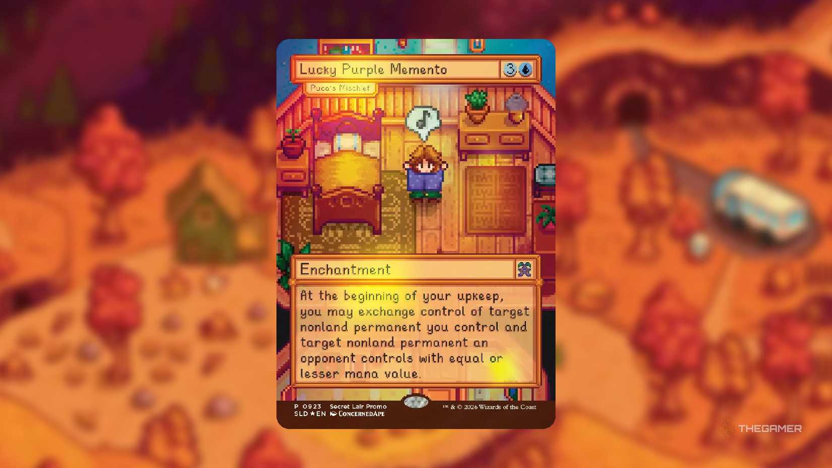 A copy of the Lucky Purple Memento promo card from the Stardew Valley Secret Lair MTG drop.