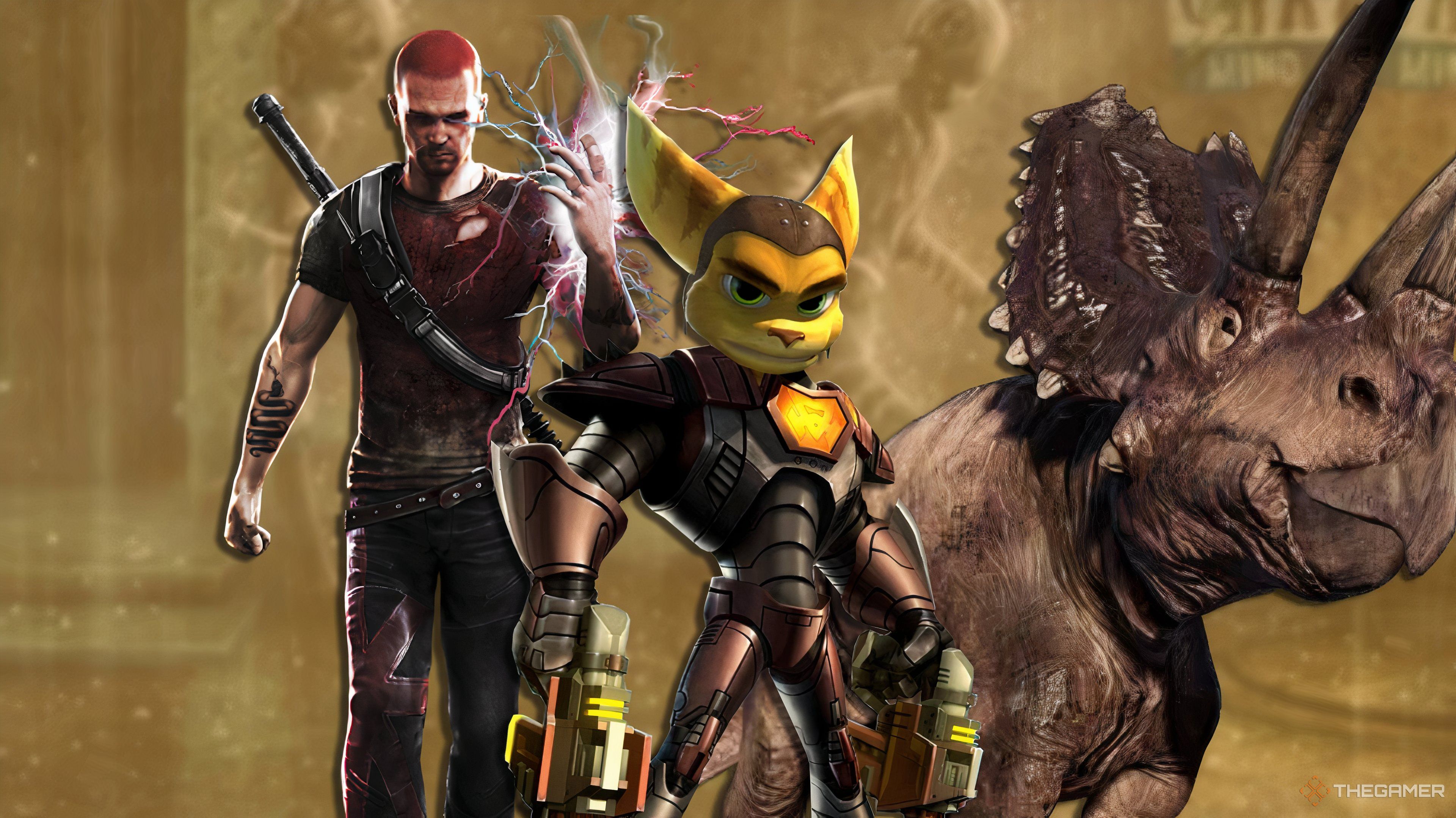 A dinosaur from Tokyo Jungle, Ratchet from Deadlocked, and a man with a glowing hand from Infamous 2 on a rainy background.