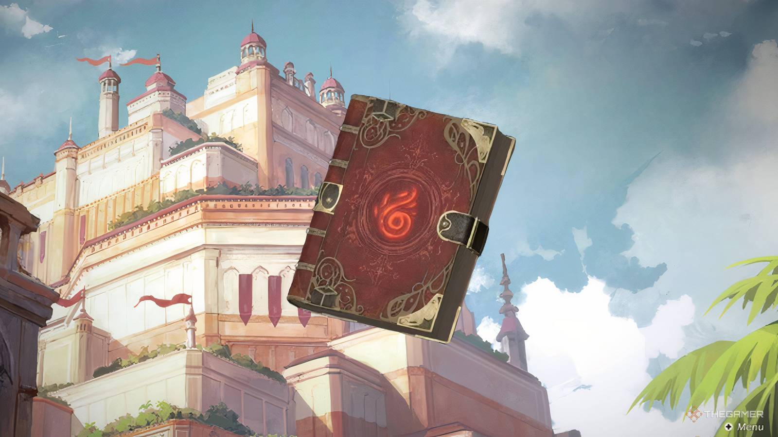 A fire book icon over a shot of a city from Culdcept Begins.