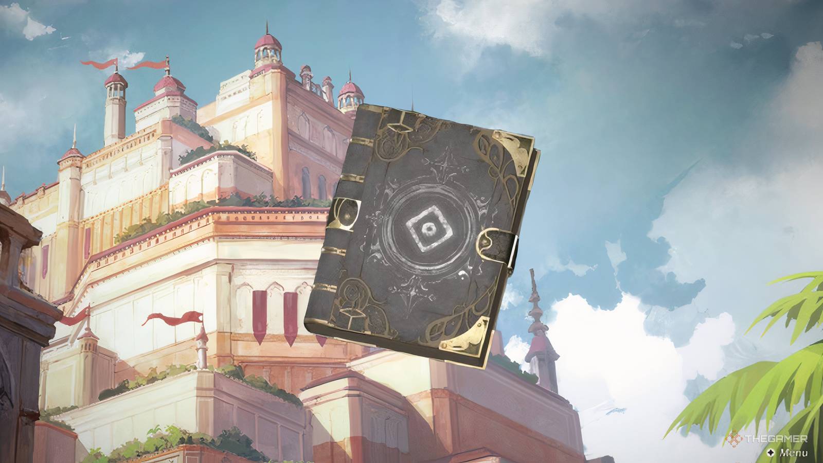 A neutral book icon over a shot of a city from Culdcept Begins.