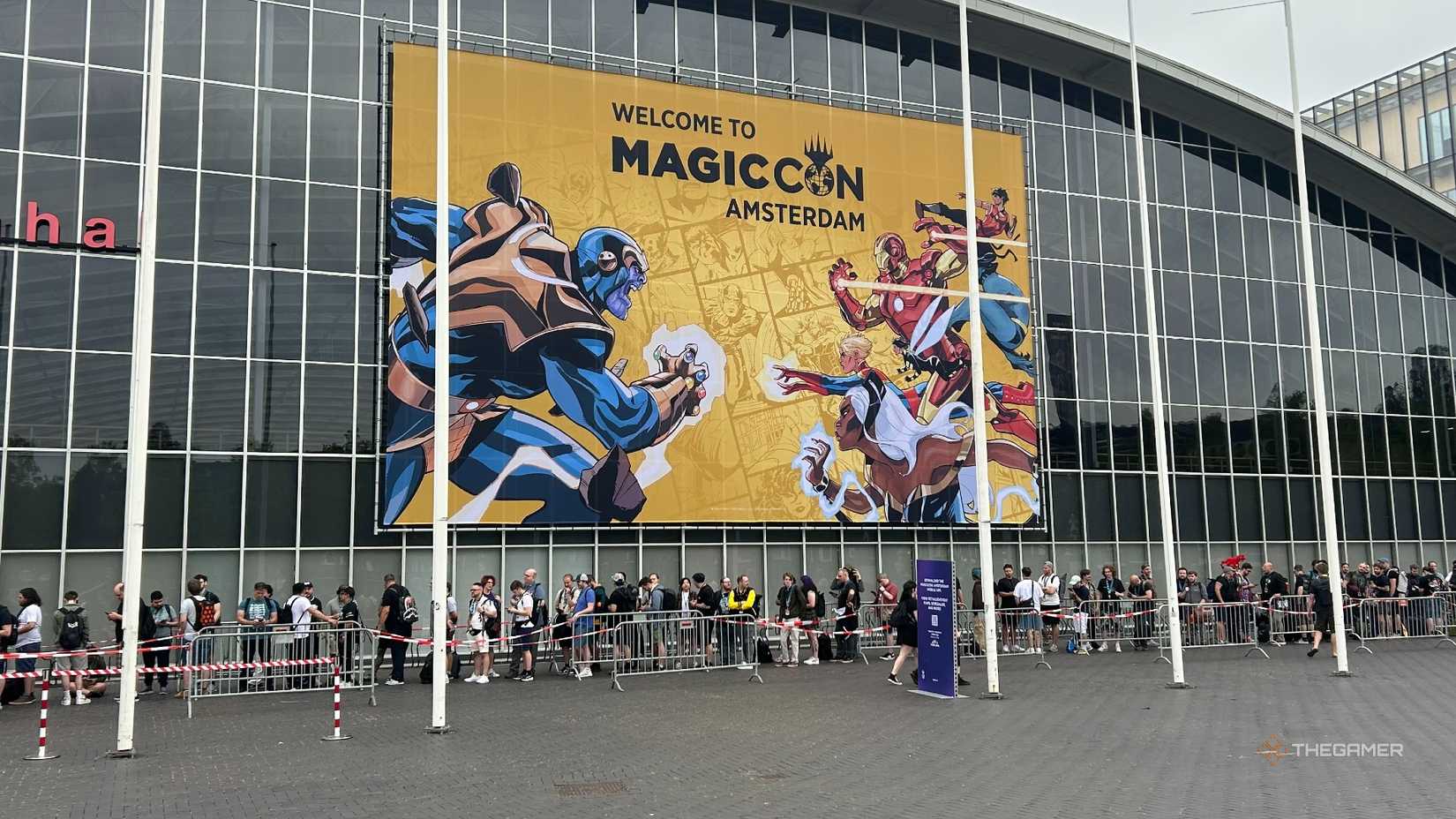 A photo of the outside of the RAI Amsterdam showing a giant Marvel-themed MagicCon poster.