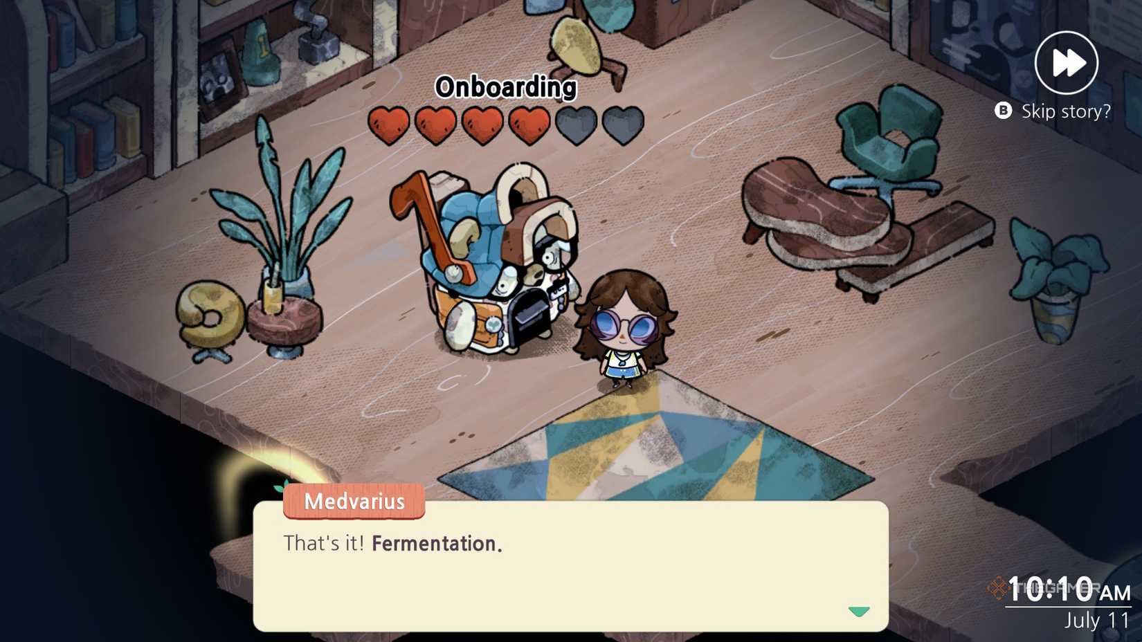 A scout speaking with Medvarius in Cozy Grove Camp Spirit.