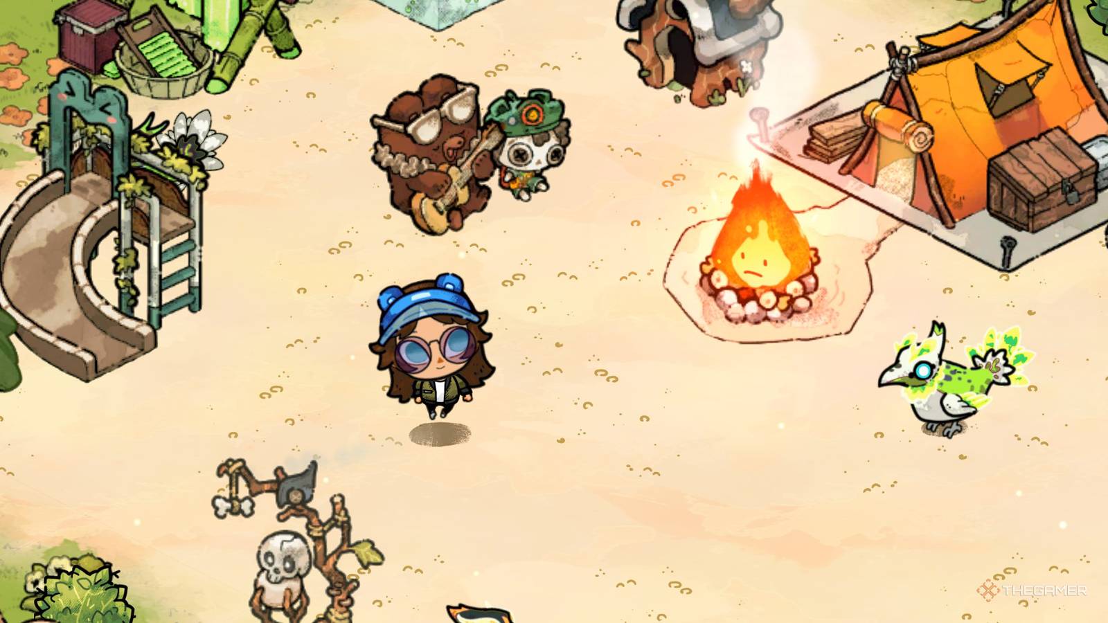 A scout standing beside Flamey in Cozy Grove Spirit Camp.