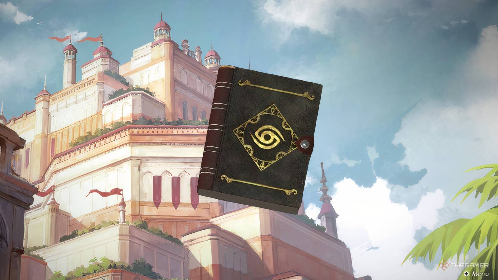 A spell book icon over a shot of a city from Culdcept Begins.