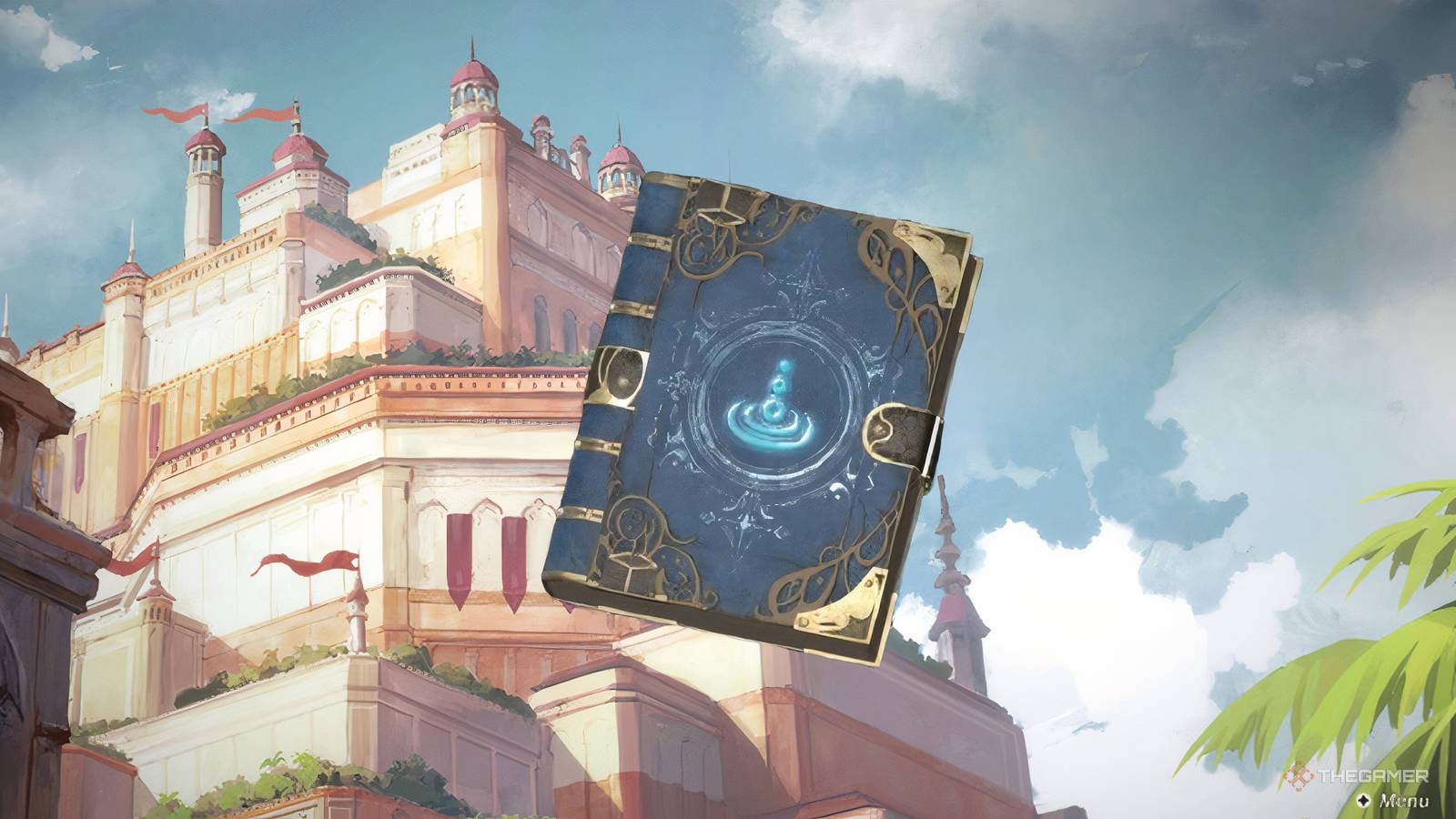 A water book icon over a shot of a city from Culdcept Begins.