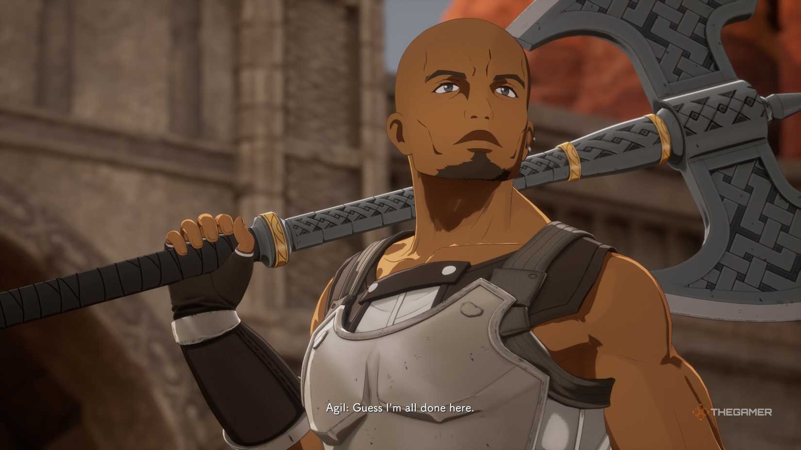 Agil with his weapon on his shoulder in Echoes of Aincrad.