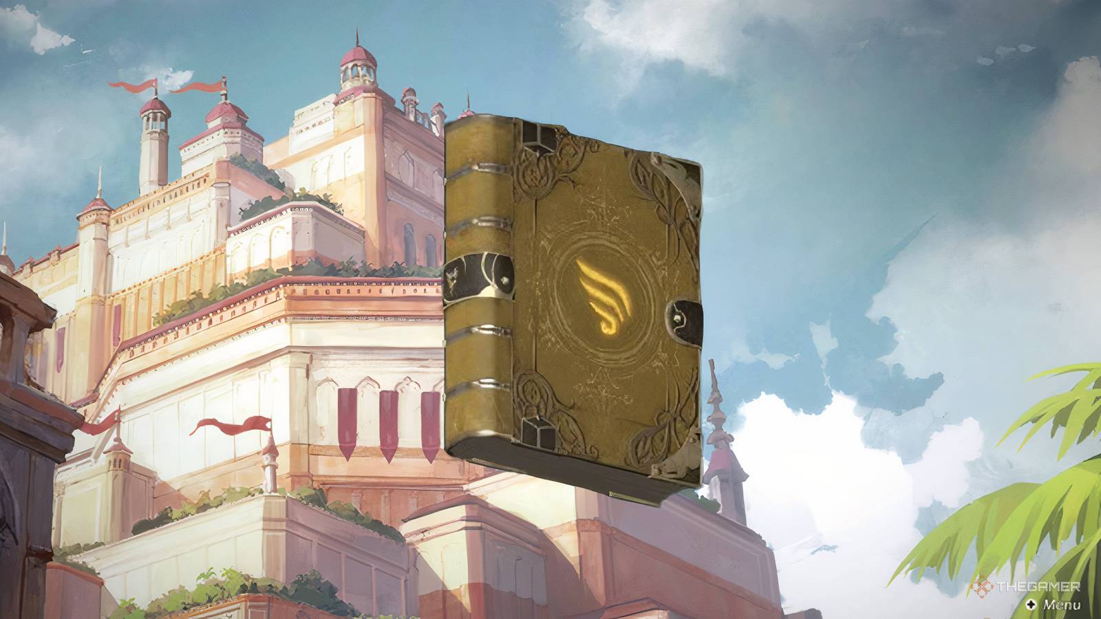 An air book icon over a shot of a city from Culdcept Begins.
