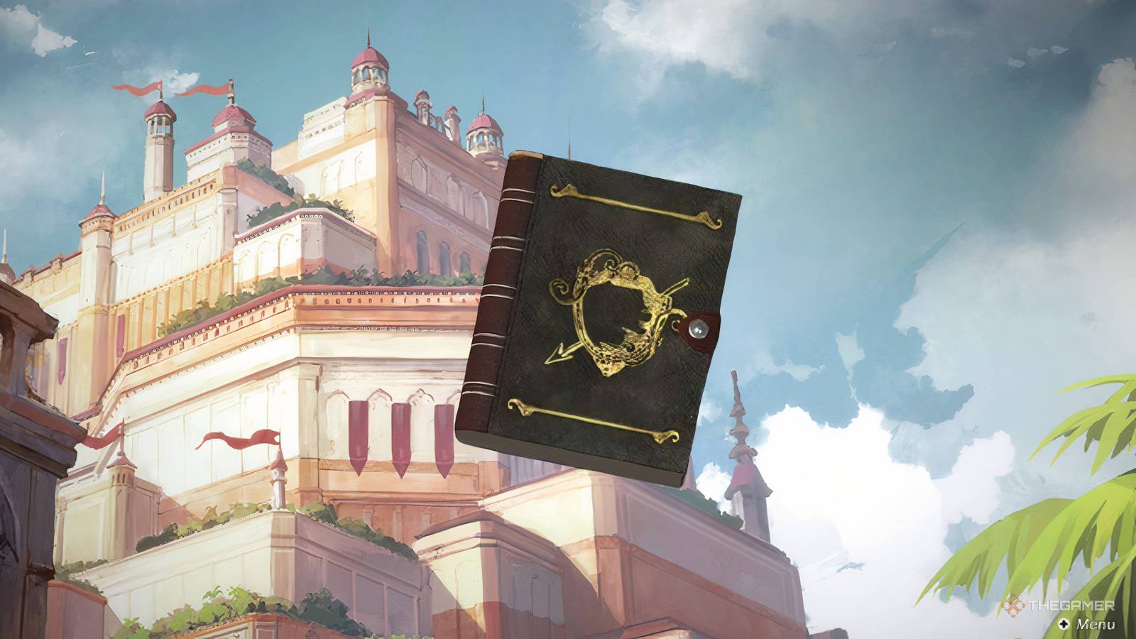 An armour book icon over a shot of a city from Culdcept Begins.