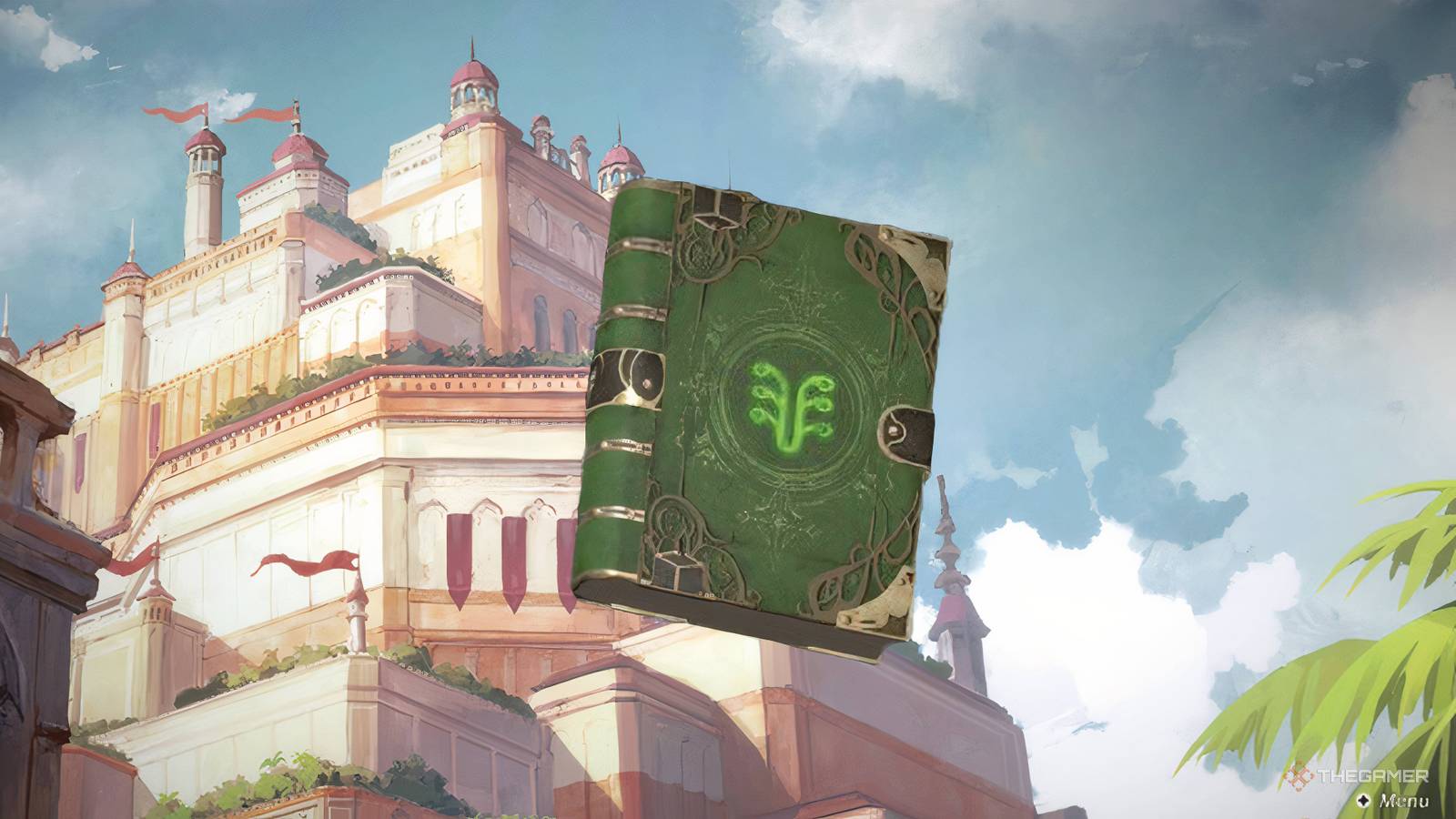 An earth book icon over a shot of a city from Culdcept Begins.