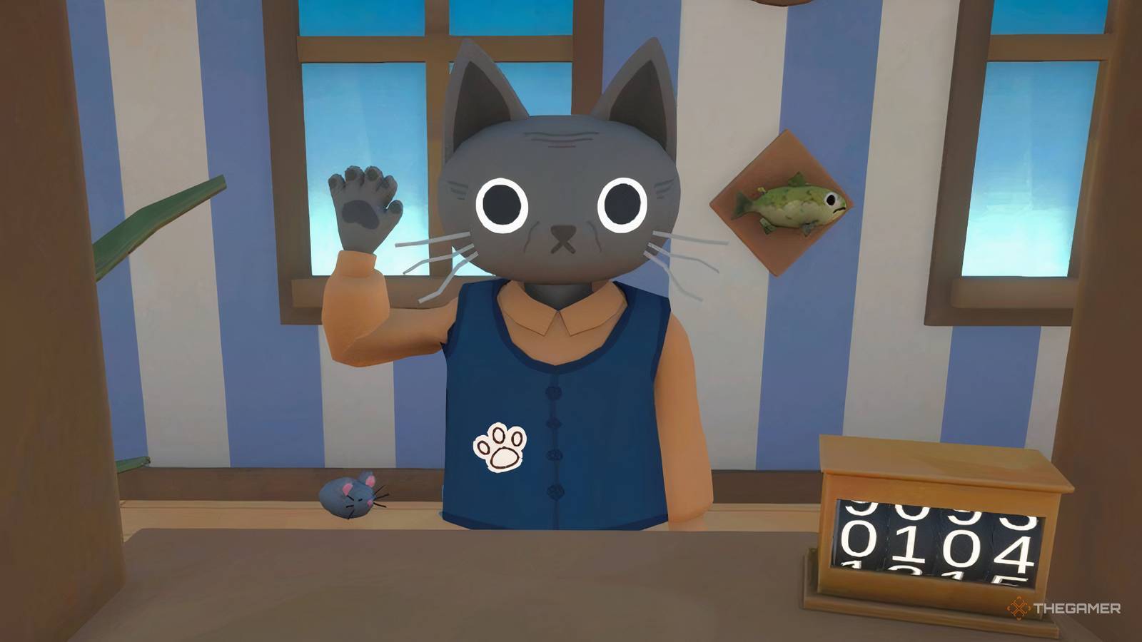 An elderly cat picking up a package in Cat Mail Co.