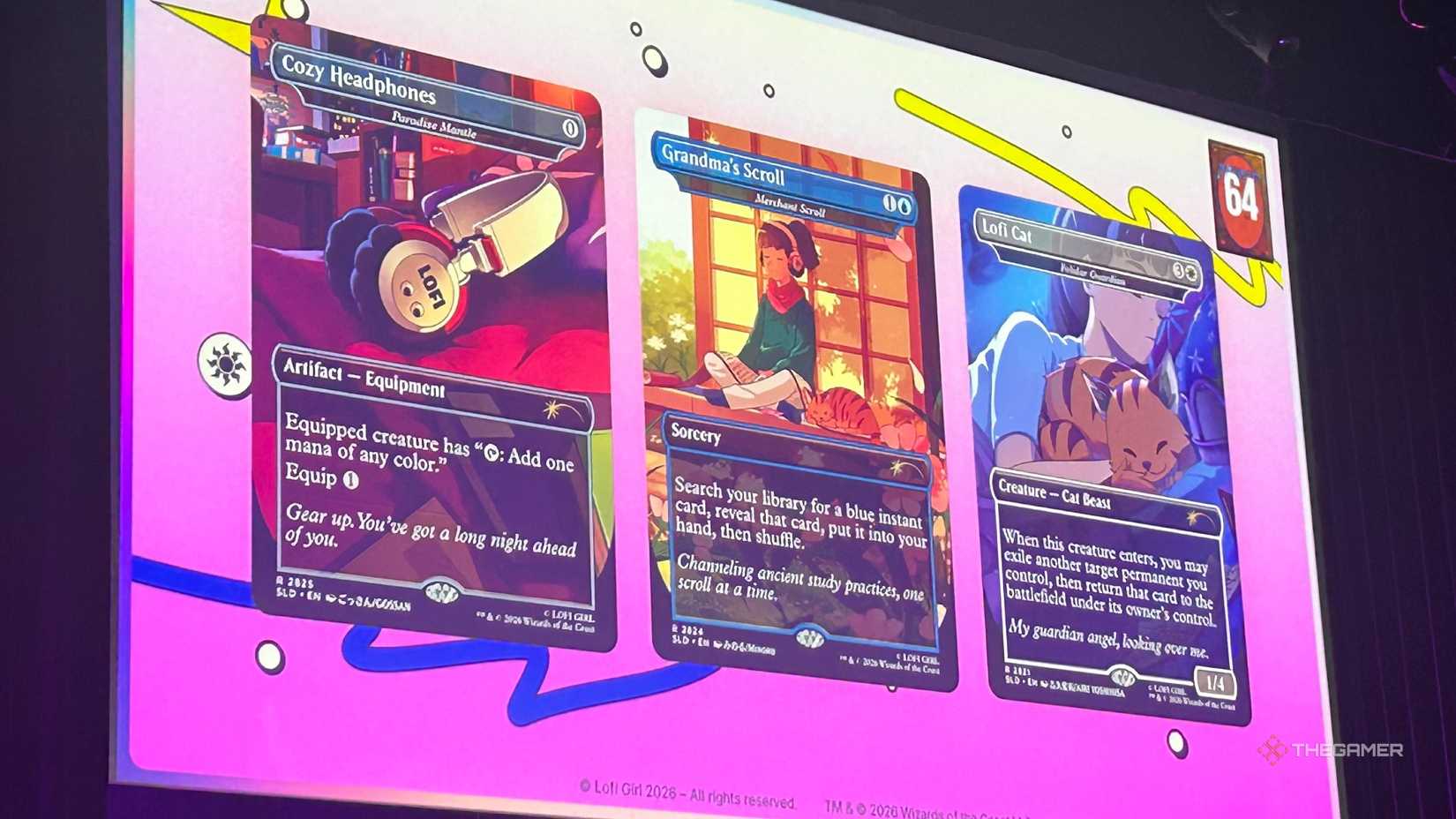 An image of a screen displaying three Lofi Girl MTG Secret Lair cards.