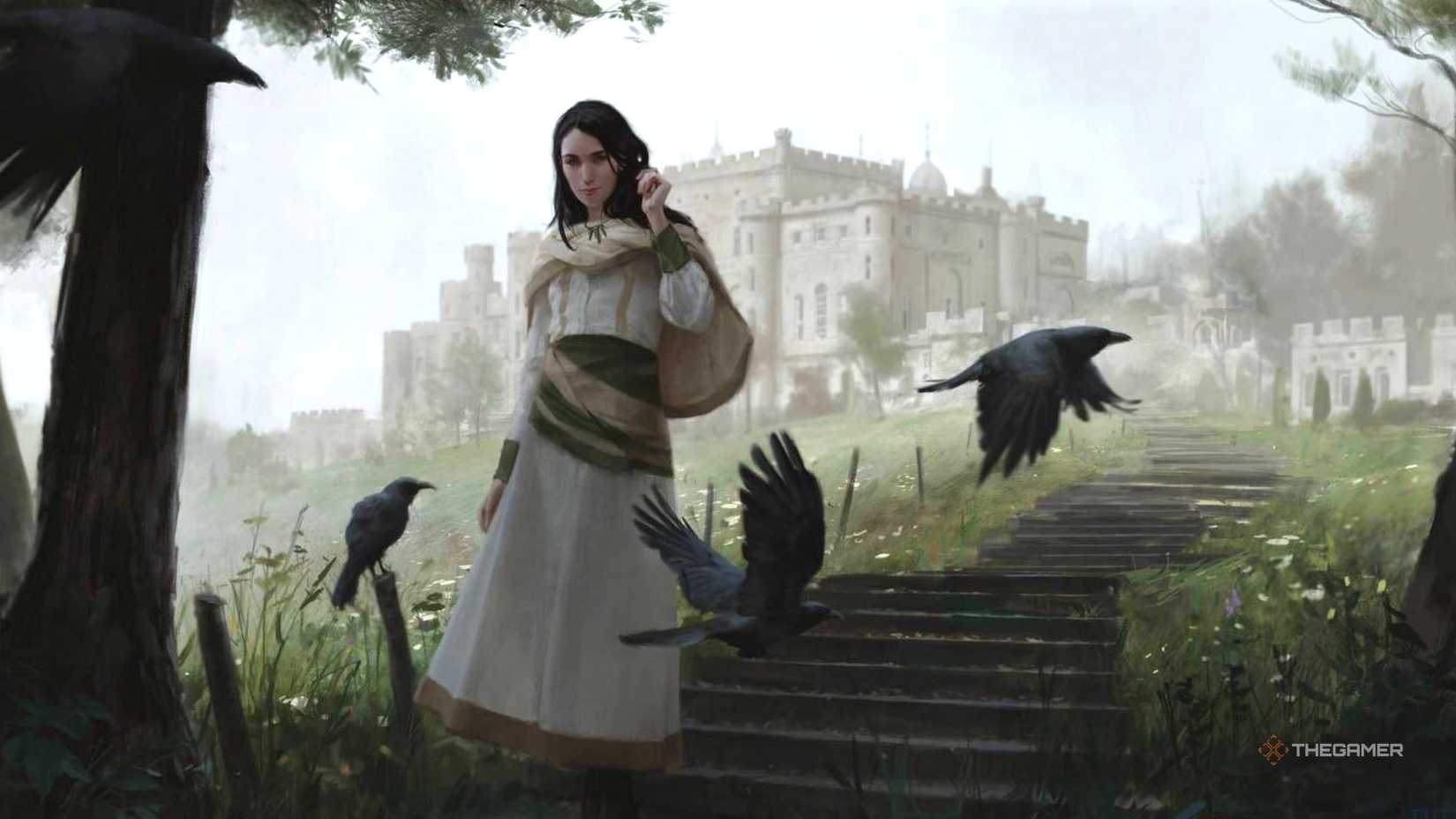An image of Liliana Vess wearing a white dress while stood outside surrounded by fields and crows.