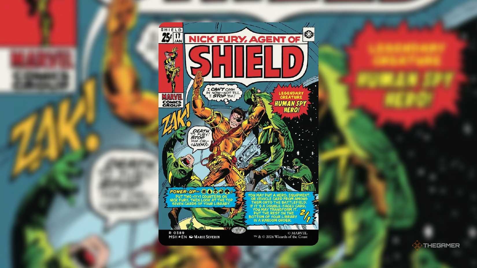 an image of the Nick Fury, Agent of Shield comic book card from MTG marvel super heroes.