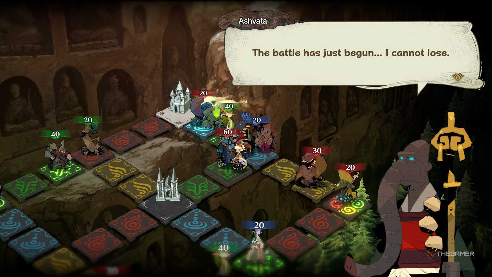 Ashvata, an elephant man, bragging to the player on a stacked board in Culdcept Begins.