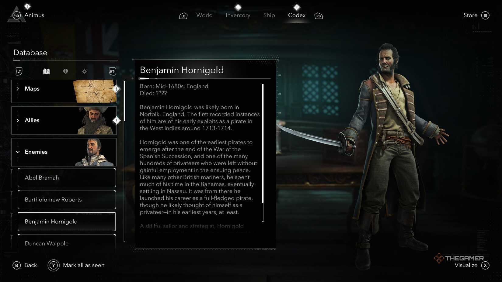 Assassin's Creed Black Flag Resynced screenshot of the database menu, showing Benjamin Hornigold under the enemies tab.