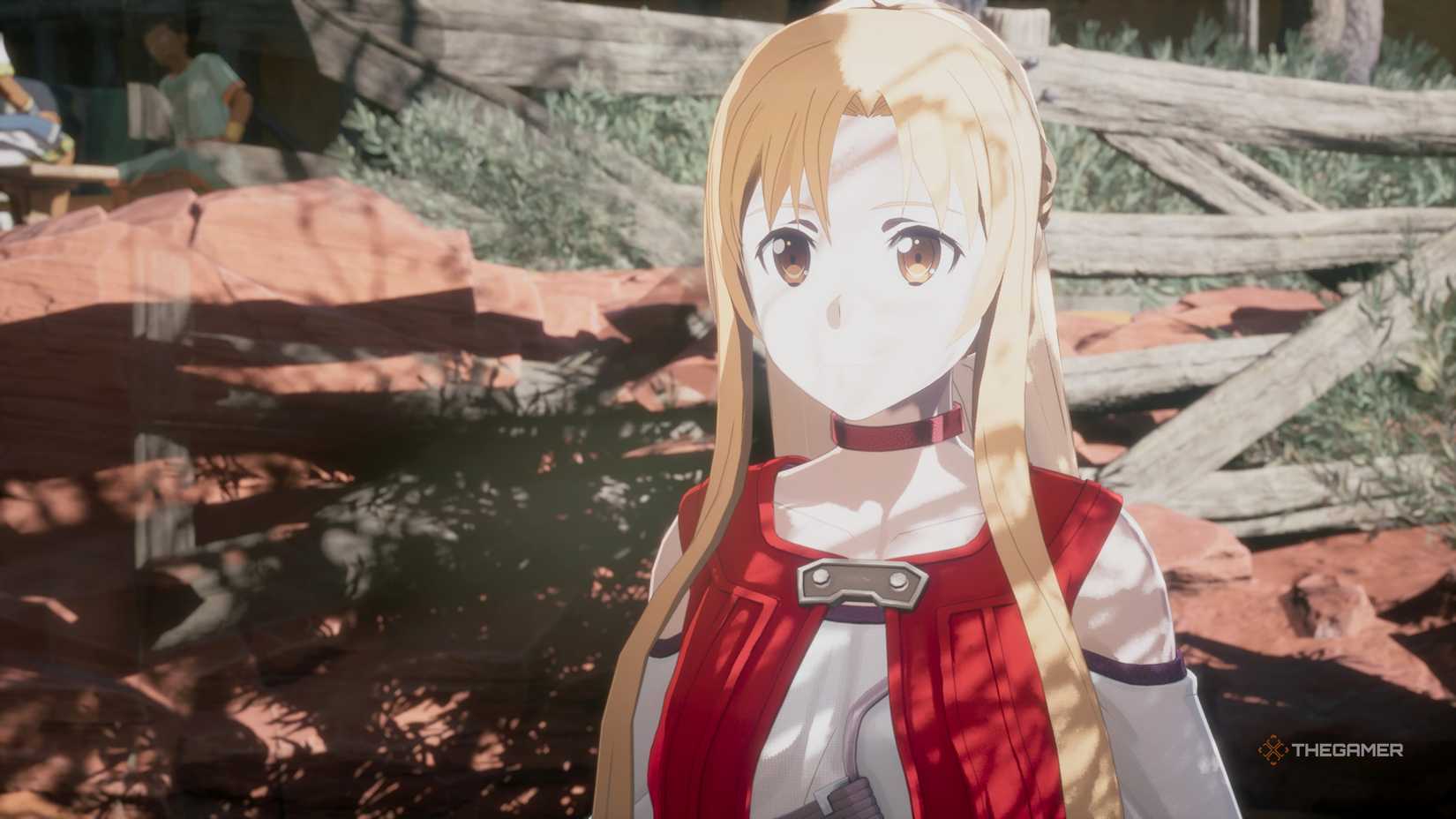 Asuna smiling at the player in the desert in Echoes of Aincrad.