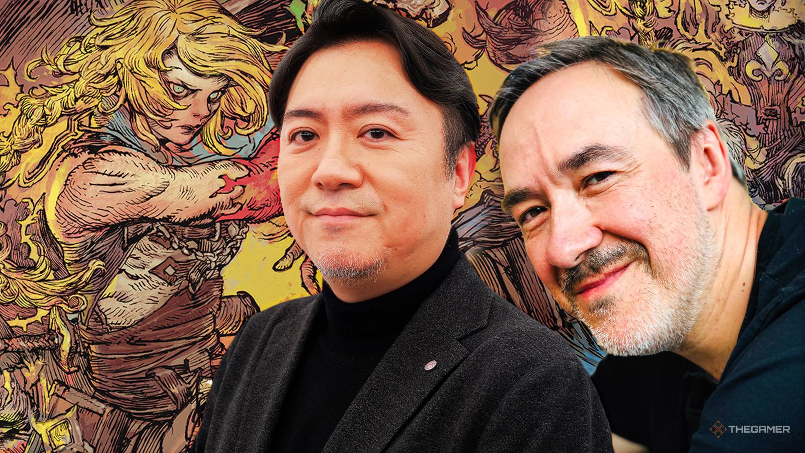 Castlevania: Belmont's Curse producer Tsutomu Taniguchi and creative director Emmanuel Nouaille next to Rose Belmont.