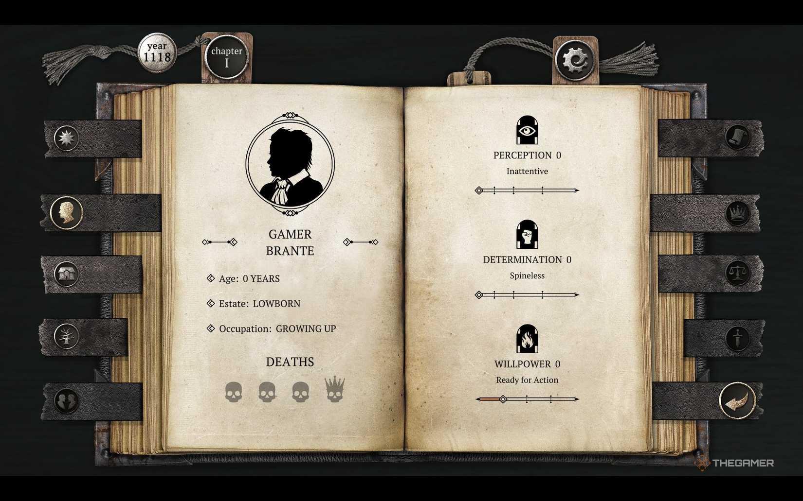 Character information on the Personality screen in The Life and Suffering of Sir Brante.