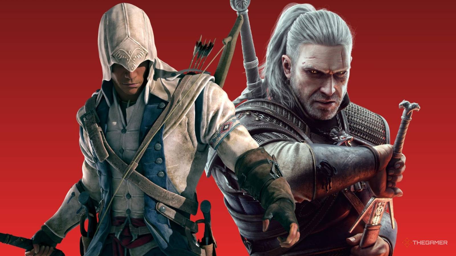 Conner Kenway and Geralt together in front of red screen.