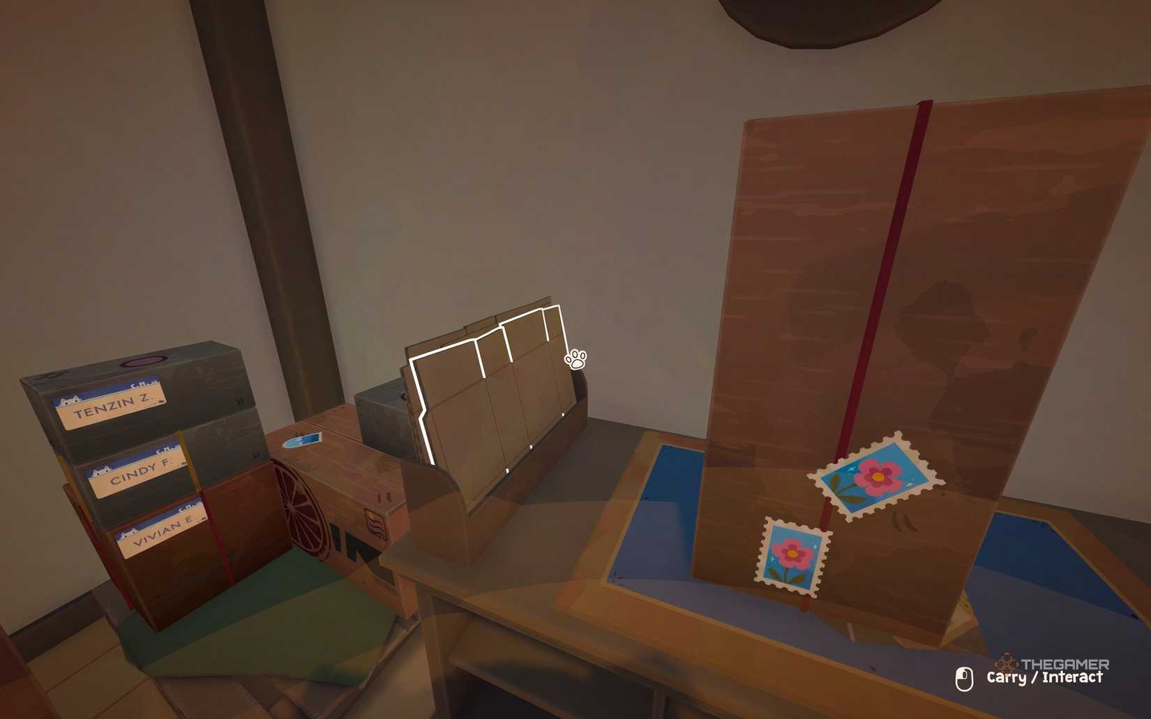 A damaged package sitting on a workbench with new boxes being highlighted by the player in Cat Mail Co.