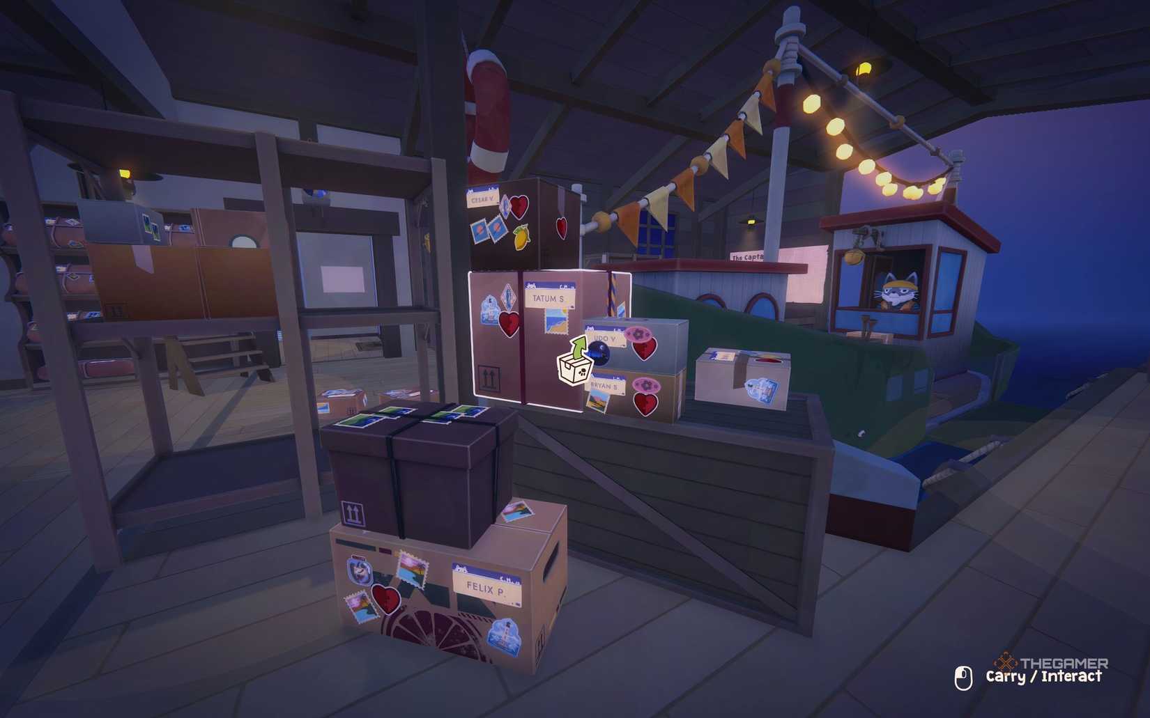 A stack of boxes piled up near a crate in Cat Mail Co.