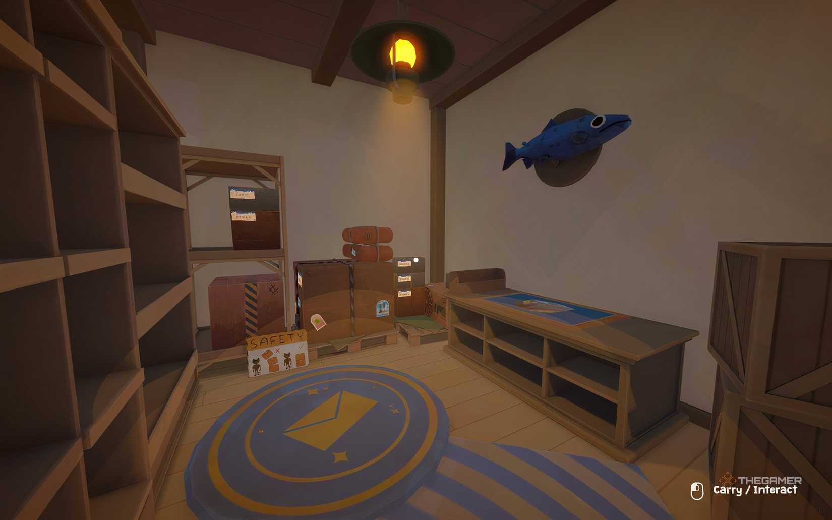 The repair room with shelves, damaged boxes, and a workbench in Cat Mail Co.
