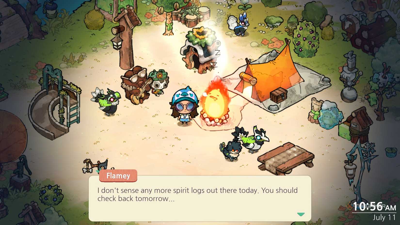 Flamey beside a Scout saying he doesn't sense any logs in Cozy Grove Camp Spirit.