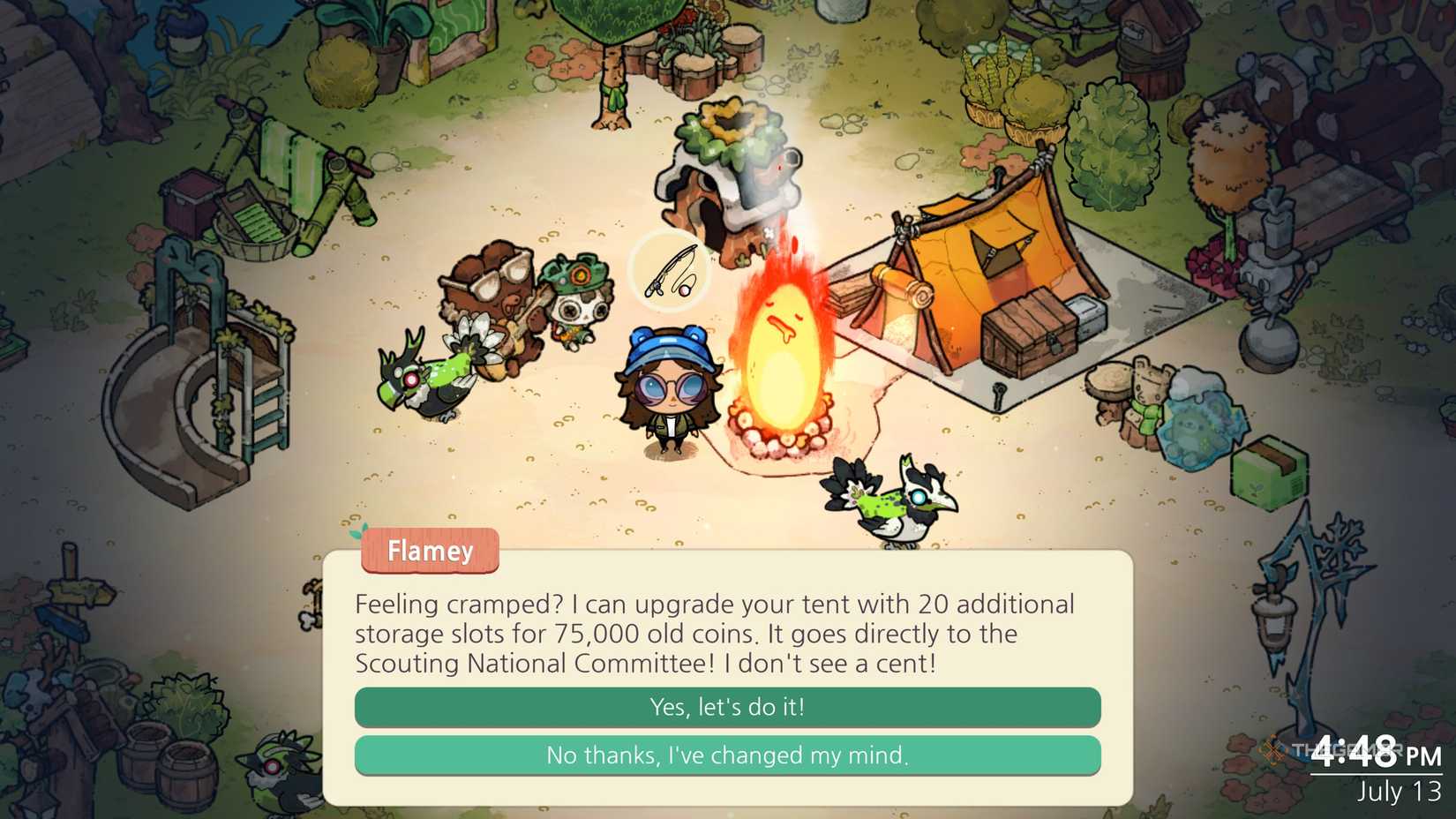 Flamey offering to upgrade the tent for a cost in Cozy Grove Camp Spirit.