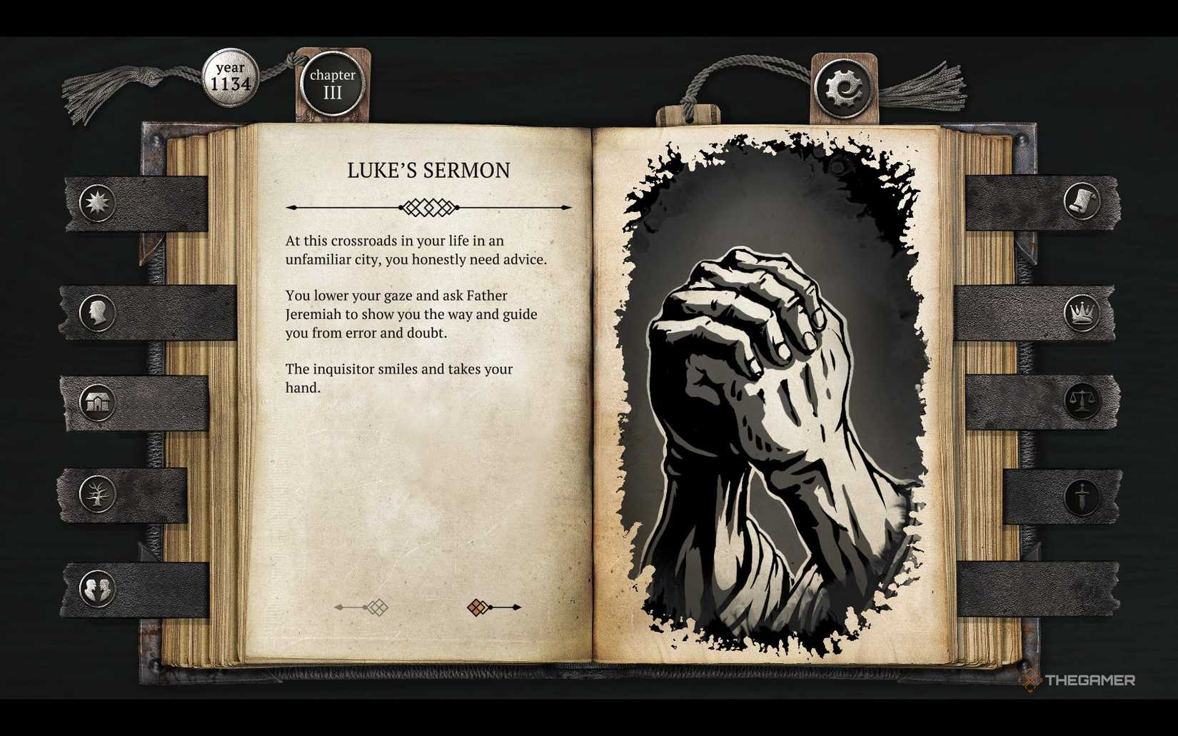 Folded hands while talking to an inquisitor in The Life and Suffering of Sir Brante.
