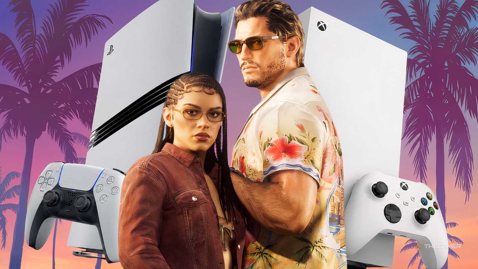 GTA 6 characters with a PS5 Pro and an Xbox Series X.