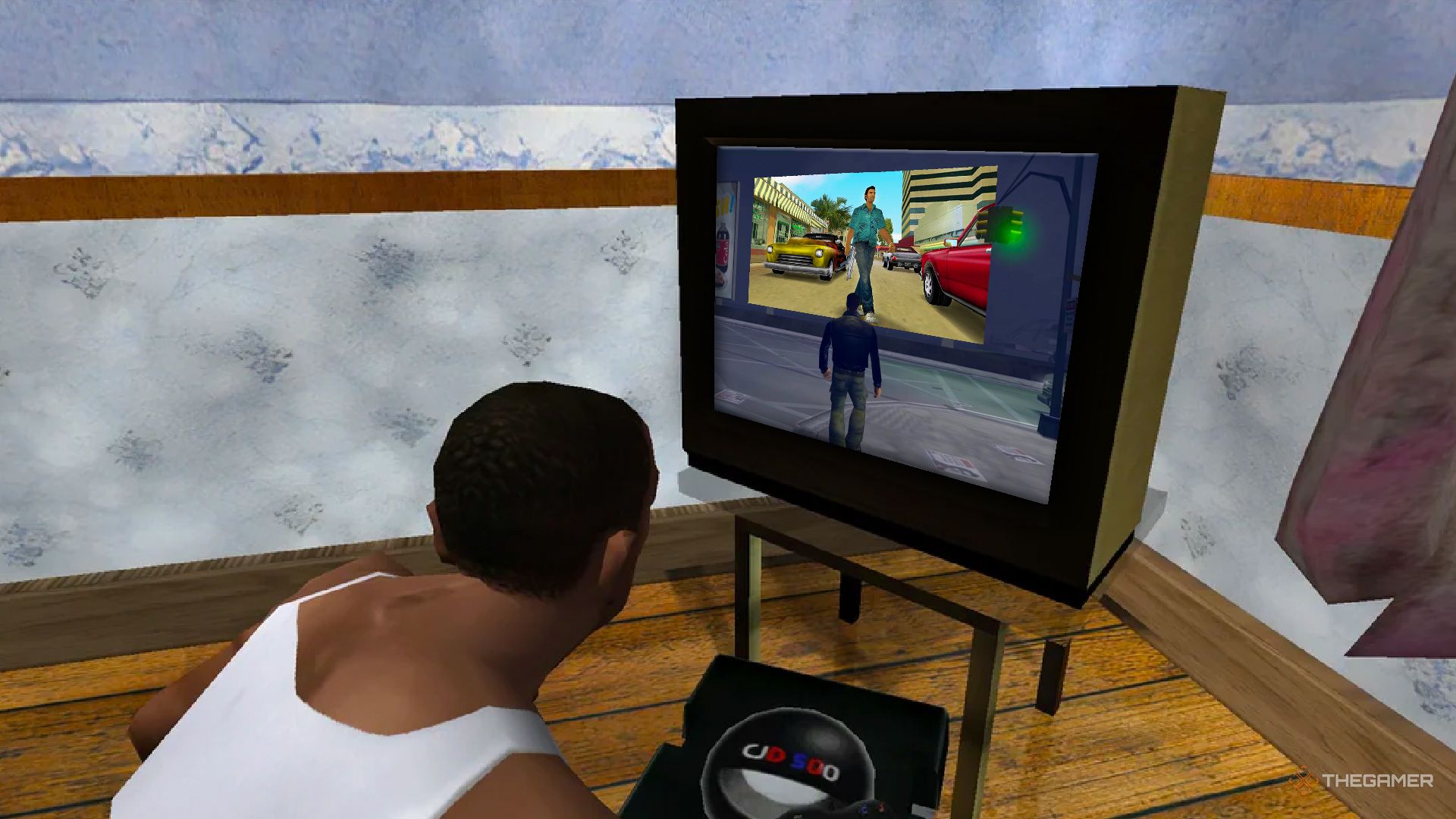 GTA San Andreas' CJ playing GTA 3 on a TV while Claude plays GTA Vice City.