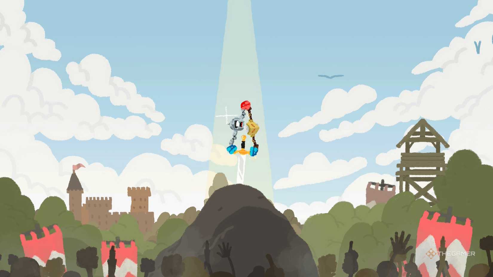 two characters lift ho 2 trying to pull a sword out of a stone.