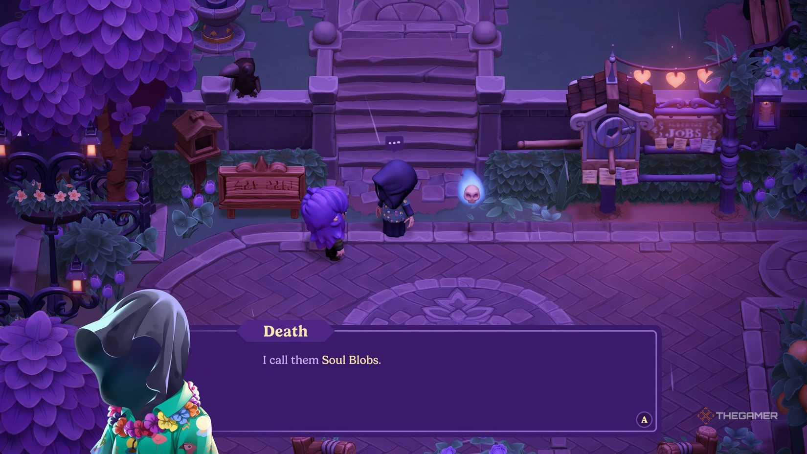 A player conversing with Death about the Soul Blob in Moonlight Peaks.