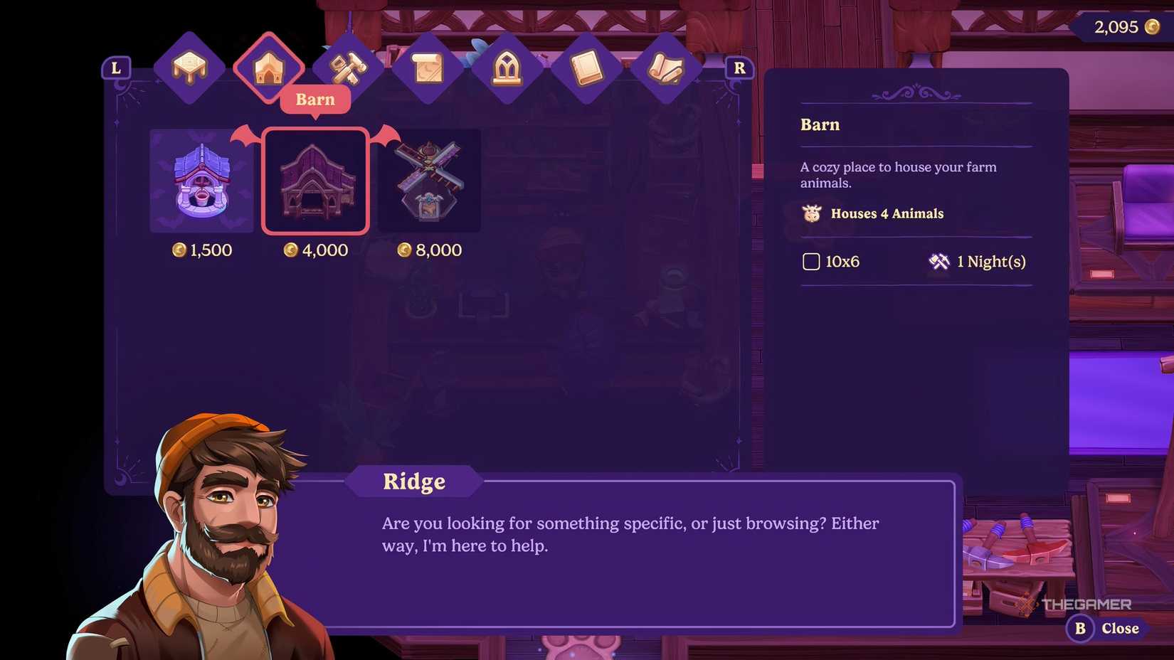 Barn purchase screen in Moonlight Peaks.
